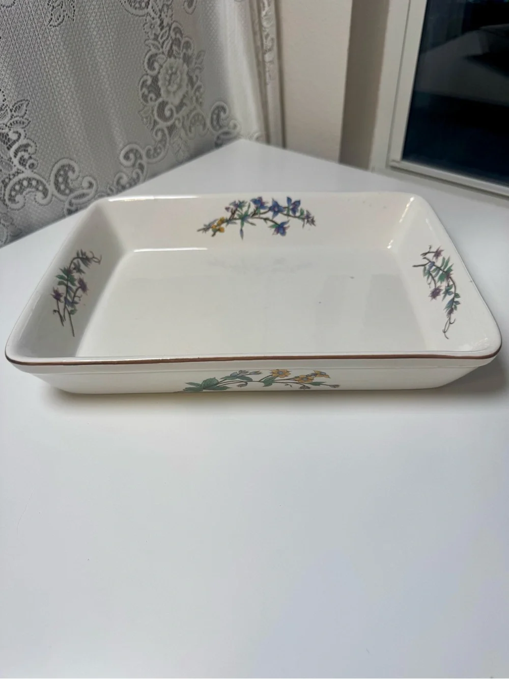 Vintage Floral Ceramic Baking Dish - White with Purple Accents